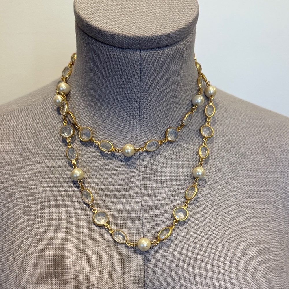Gold-Tone Double Strand Necklace with Faux Pearls & Crystal Stations